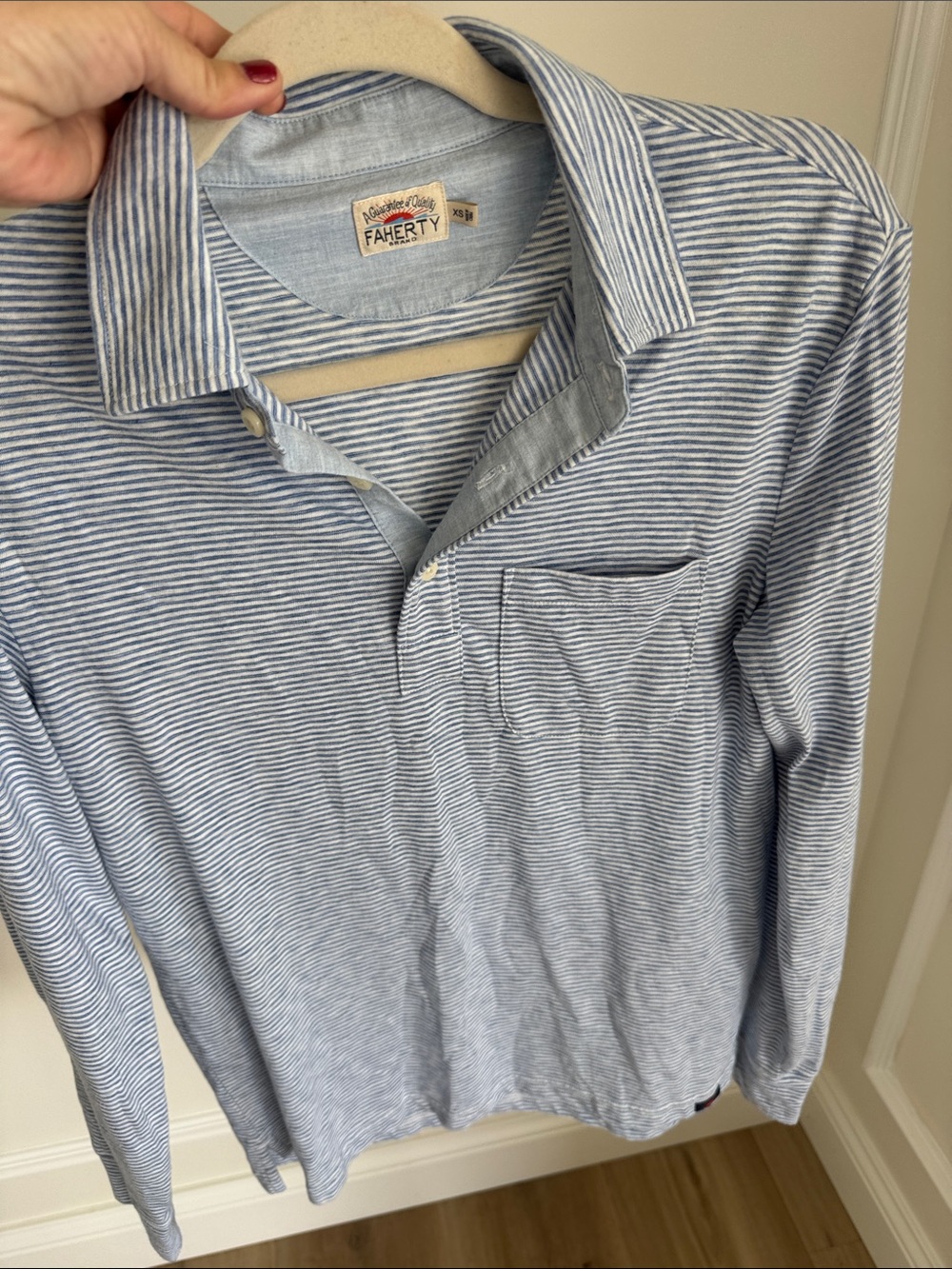 Faherty Light Blue and White Striped Long-Sleeve Polo
